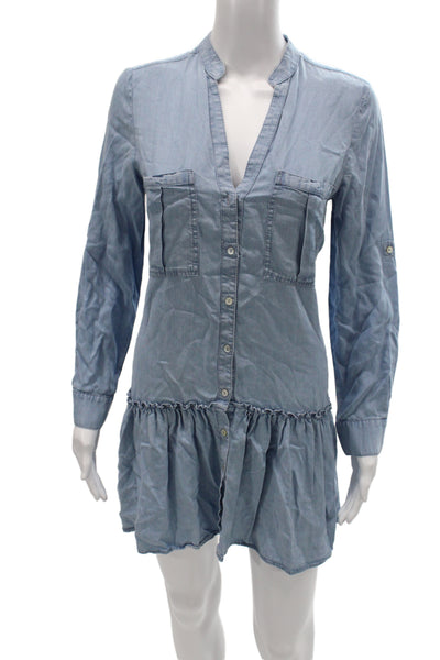 Zara Women Shirt Dress Blue Collared Long Sleeve Knee Length Lyocell Size S