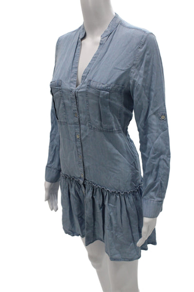 Zara Women Shirt Dress Blue Collared Long Sleeve Knee Length Lyocell Size S