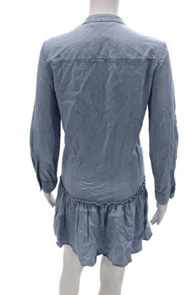Zara Women Shirt Dress Blue Collared Long Sleeve Knee Length Lyocell Size S