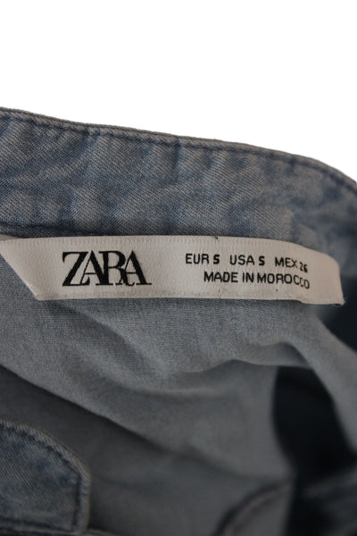 Zara Women Shirt Dress Blue Collared Long Sleeve Knee Length Lyocell Size S