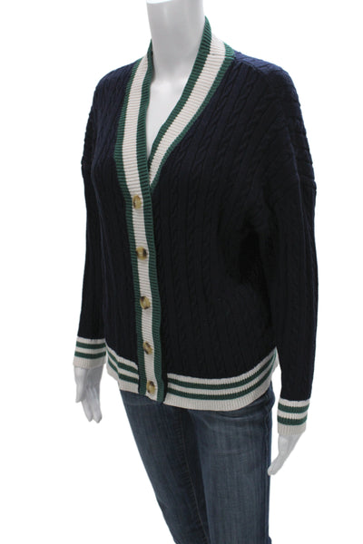 En Saison Unisex Cardigan Dark Blue Striped V-Neck Button Long Sleeve Size M