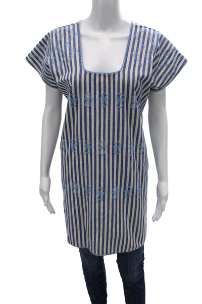 Tuckernuck Women Blue Striped Cotton Blend Square Neck Sleeveless Shift Size XS