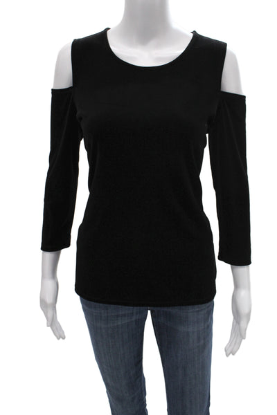 Tahari Women Basic Cold Shoulder Black 3/4 Sleeve T-Shirt Size M