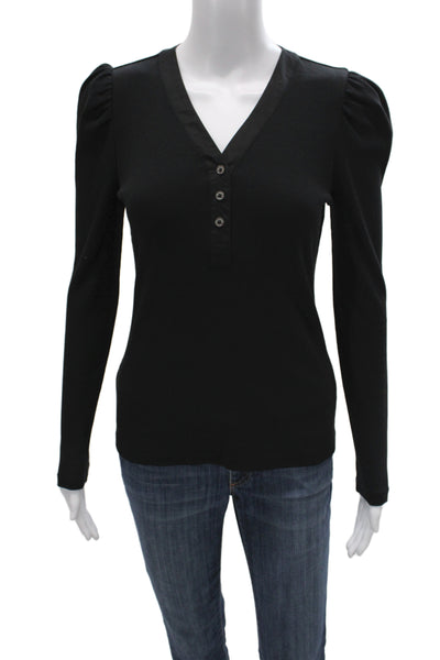 Elie Tahari Women Black V-Neck Long Sleeve Basic T-Shirt Size XS
