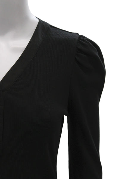 Elie Tahari Women Black V-Neck Long Sleeve Basic T-Shirt Size XS