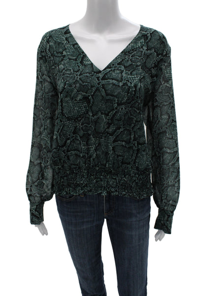 1.State Women Green V-Neck Animal Print Polyester Blouse Long Sleeve Size L
