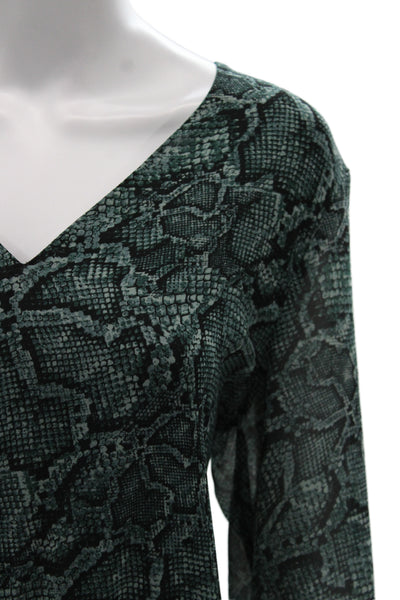 1.State Women Green V-Neck Animal Print Polyester Blouse Long Sleeve Size L