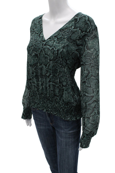 1.State Women Green V-Neck Animal Print Polyester Blouse Long Sleeve Size L
