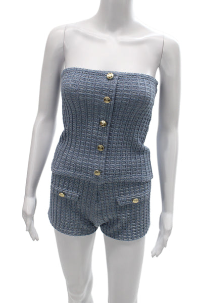 Zara Women Sleeveless Sweetheart Geometric Polyester Set Blue Button Size L