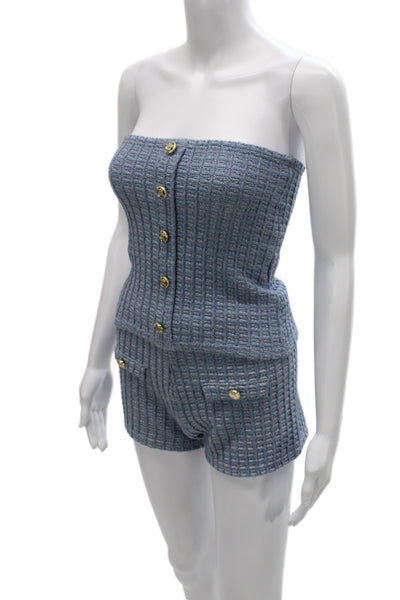 Zara Women Sleeveless Sweetheart Geometric Polyester Set Blue Button Size L