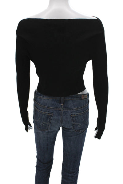 Allsaints Women Cropped Tops Black Boat Neck Long Sleeve Viscose Size S