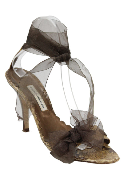 Pedro Miralles Womens Embossed Bow Detail Lace Up Sandals Shoes Brown Size 7