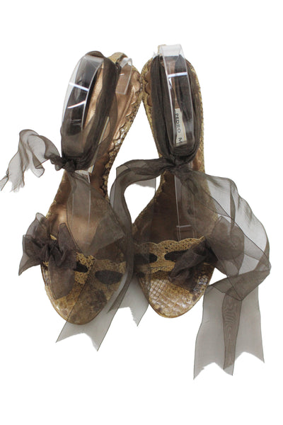 Pedro Miralles Womens Embossed Bow Detail Lace Up Sandals Shoes Brown Size 7