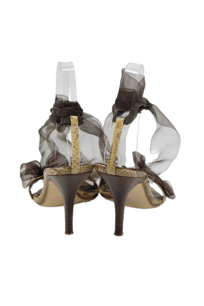 Pedro Miralles Womens Embossed Bow Detail Lace Up Sandals Shoes Brown Size 7