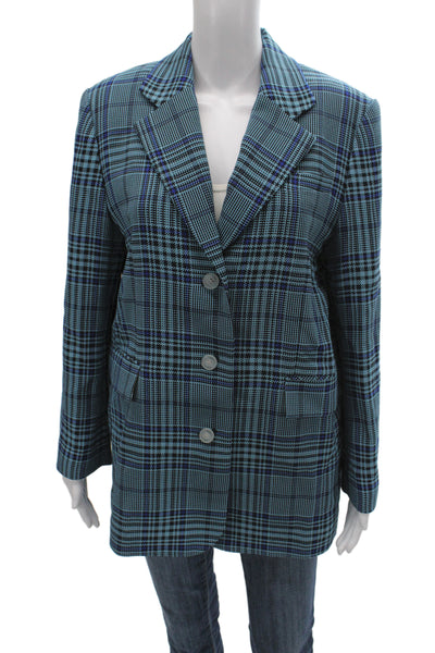 Theilma Womens Plaid Blue Collared Button Blazer Long Sleeve Size One Size
