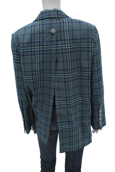 Theilma Womens Plaid Blue Collared Button Blazer Long Sleeve Size One Size