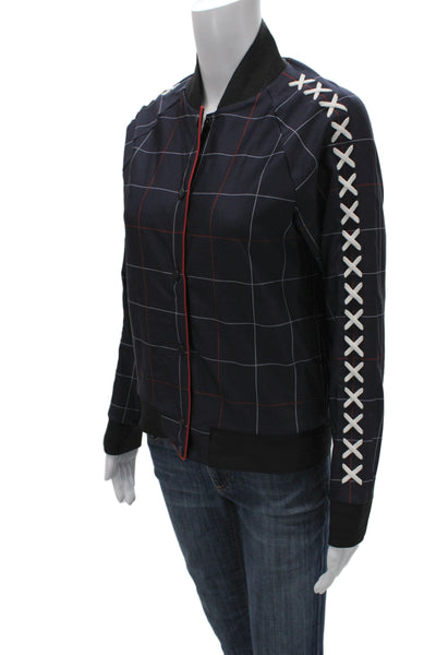Ultracor Women Bomber Jacket Dark Blue Checked Long Sleeve High Neck Size XS