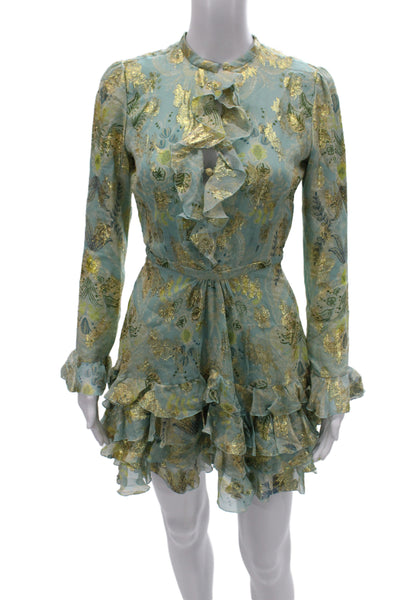 Etro Women Fit & Flare Mini Silk Floral Dress Long Sleeve High Neck Size 38