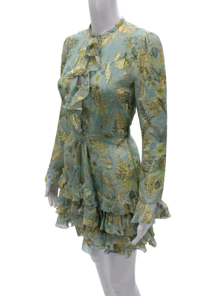 Etro Women Fit & Flare Mini Silk Floral Dress Long Sleeve High Neck Size 38