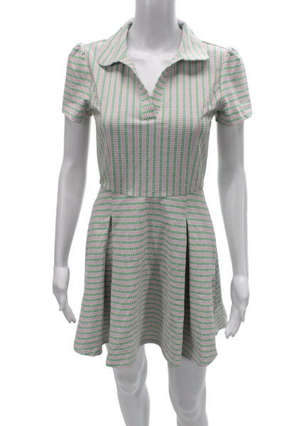 Addison Bay Women Fit & Flare Shirt Dress Green Striped Short Sleeve Size XS