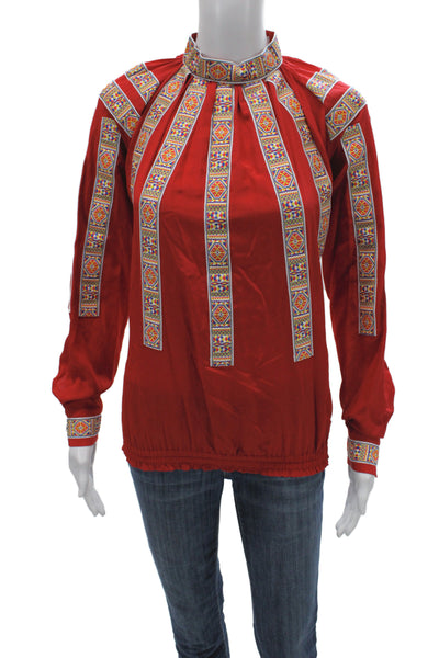 Stella Jean Women Red Silk Geometric High Neck Long Sleeve Blouse Size 36