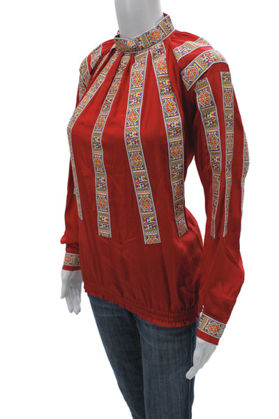 Stella Jean Women Red Silk Geometric High Neck Long Sleeve Blouse Size 36