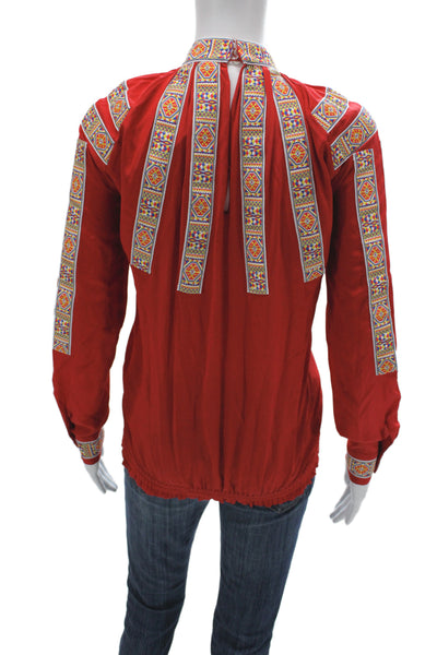 Stella Jean Women Red Silk Geometric High Neck Long Sleeve Blouse Size 36