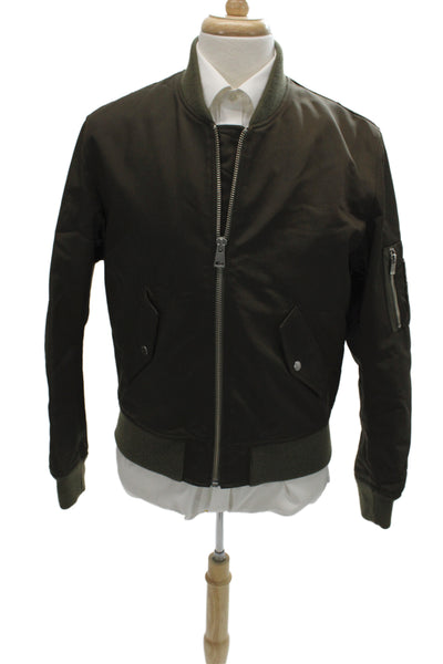 The Kooples Mens Bomber Jacket Green High Neck Button Army Long Sleeve Size L