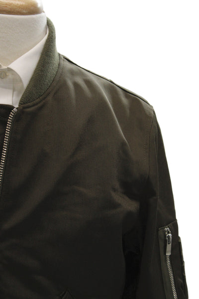 The Kooples Mens Bomber Jacket Green High Neck Button Army Long Sleeve Size L