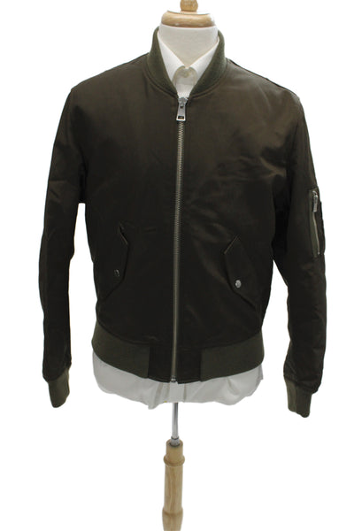 The Kooples Mens Bomber Jacket Green High Neck Button Army Long Sleeve Size L