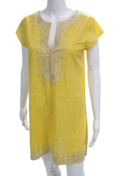 Calypso Saint Barth Womens Yellow Kaftan Dress Cotton Short Sleeve Size XS