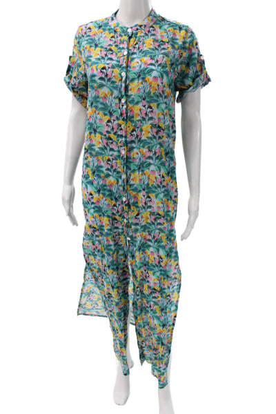 ONIA Womens Maxi Tropical Floral Collared Button Short Sleeve Dress Size S