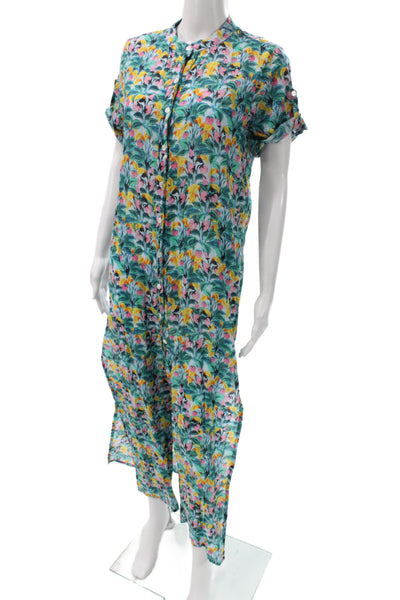 ONIA Womens Maxi Tropical Floral Collared Button Short Sleeve Dress Size S