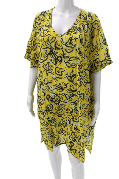 ONIA Womens Kaftan Dress Yellow V Neck Short Sleeve Geometric Size M