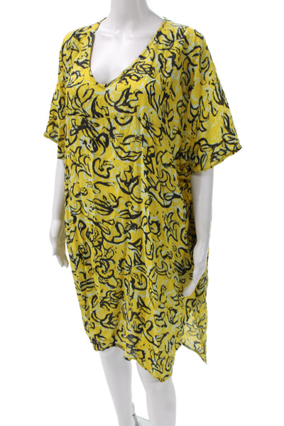 ONIA Womens Kaftan Dress Yellow V Neck Short Sleeve Geometric Size M