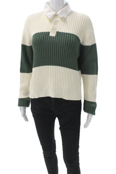 Lioness Women Pullover Sweater White Striped Collared Knit Long Sleeve Size S