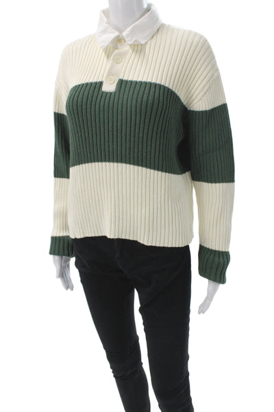 Lioness Women Pullover Sweater White Striped Collared Knit Long Sleeve Size S