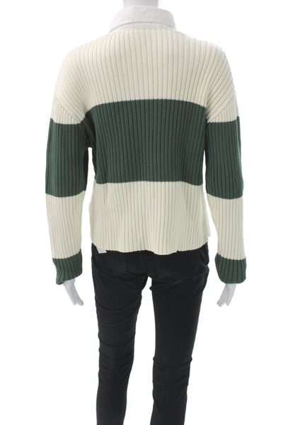 Lioness Women Pullover Sweater White Striped Collared Knit Long Sleeve Size S