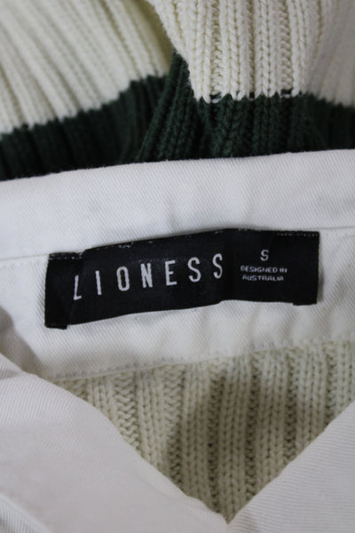 Lioness Women Pullover Sweater White Striped Collared Knit Long Sleeve Size S