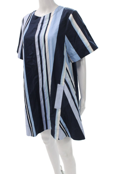 Maeve Anthropologie Womens Shift Dress Blue Striped Cotton Short Sleeve Size M