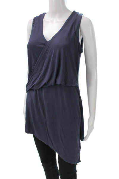 Krisa Womens Blue V-Neck Sleeveless Tunic Tank Solid Pullover Spring Size S
