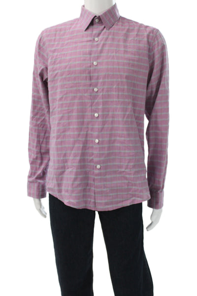 Theory Mens Button Front Long Sleeve Plaid Collared Shirt Purple Size Medium