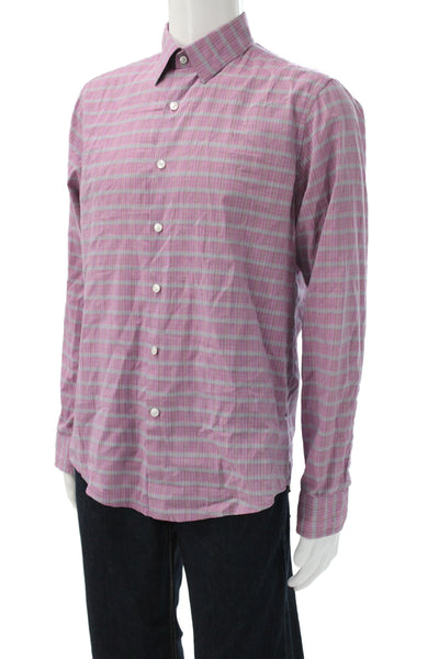 Theory Mens Button Front Long Sleeve Plaid Collared Shirt Purple Size Medium