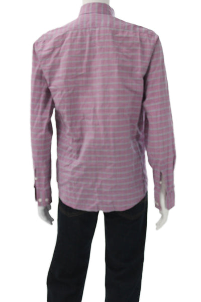 Theory Mens Button Front Long Sleeve Plaid Collared Shirt Purple Size Medium