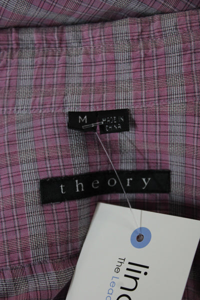 Theory Mens Button Front Long Sleeve Plaid Collared Shirt Purple Size Medium