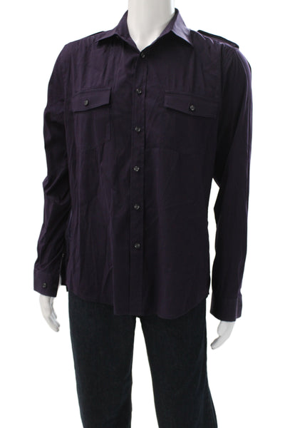 Theory Mens Button Front Long Sleeve Collared Shirt Purple Cotton Size Medium
