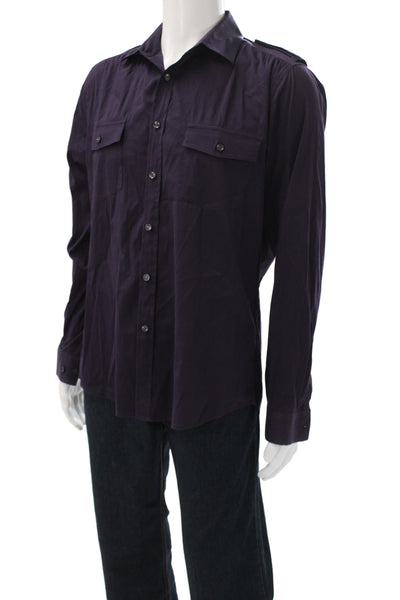Theory Mens Button Front Long Sleeve Collared Shirt Purple Cotton Size Medium