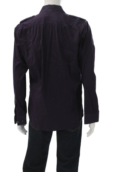 Theory Mens Button Front Long Sleeve Collared Shirt Purple Cotton Size Medium
