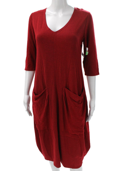 Alembika Womens Red Trapeze Swing V-Neck 3/4 Sleeve Mid Calf Dress Size 1