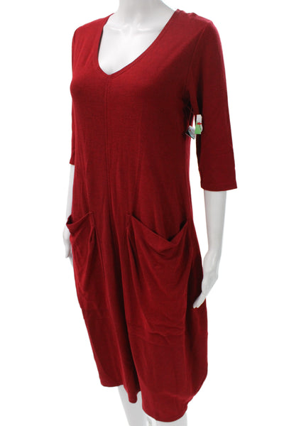 Alembika Womens Red Trapeze Swing V-Neck 3/4 Sleeve Mid Calf Dress Size 1